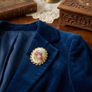 Vintage Signed Fragonard Porcelain Couple Pin - Hand-Painted French Brooch